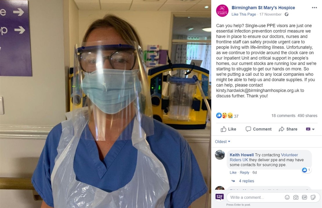S2F: Safety 2 Frontline Recently, the power of social media led to S2F responding to Birmingham St Mary’s Hospice based in nearby Selly Oak, who had put out a notice that they were in need of new personal protective equipment (PPE).